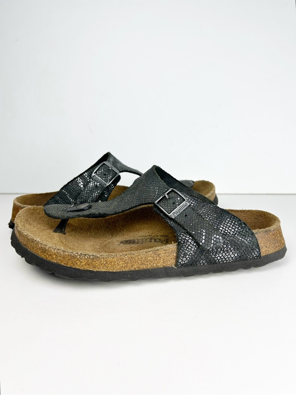Birkenstock Papillio Gizeh Black Leather Metallic Snake Print Sandals EU 39 US 8